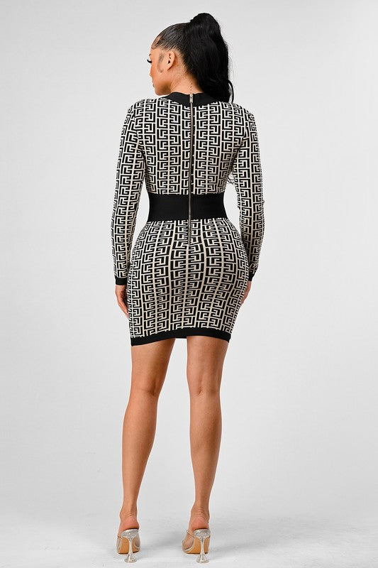Nina's Black & White Print Bandage Mini Dress