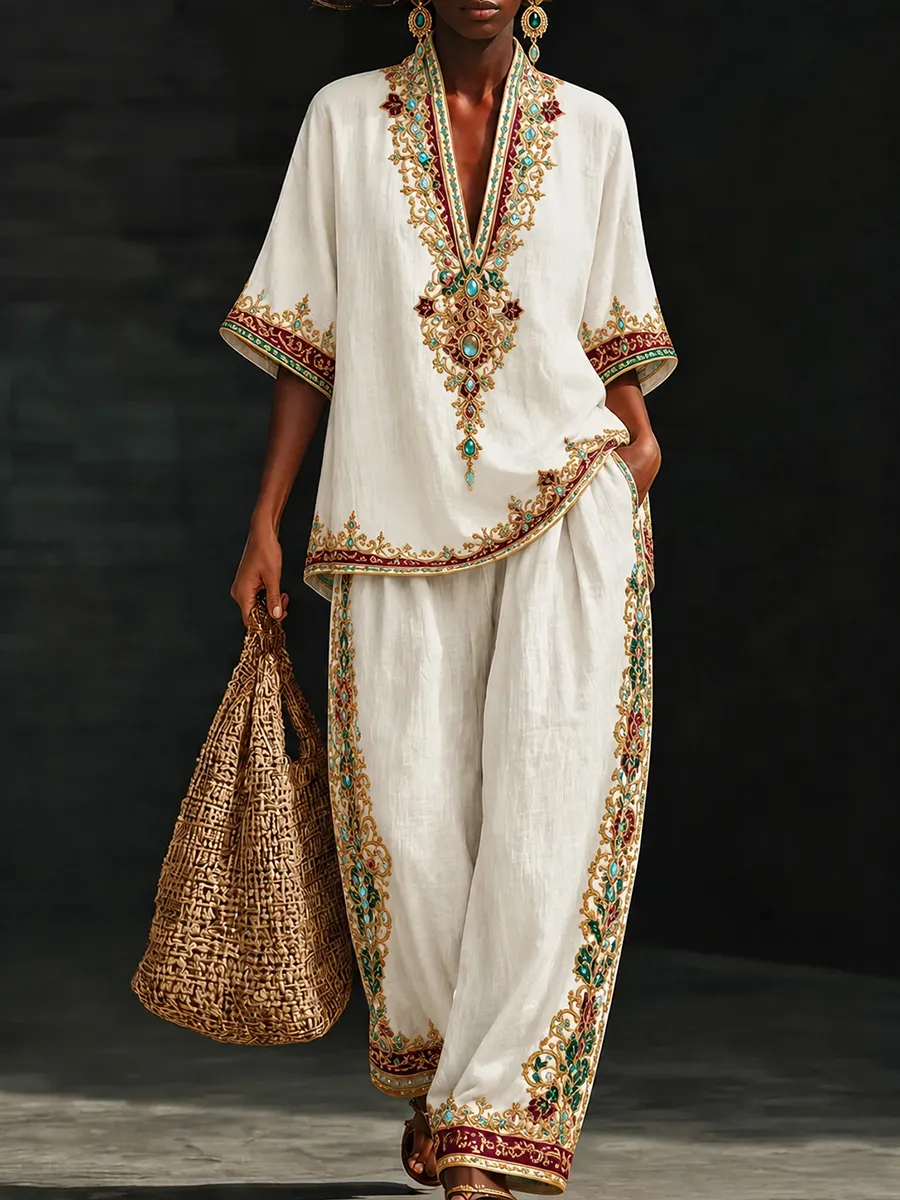Royal Moroccan  Kaftan Set – Burgundy & Emerald Gold Trim Luxury Lounge Outfit
