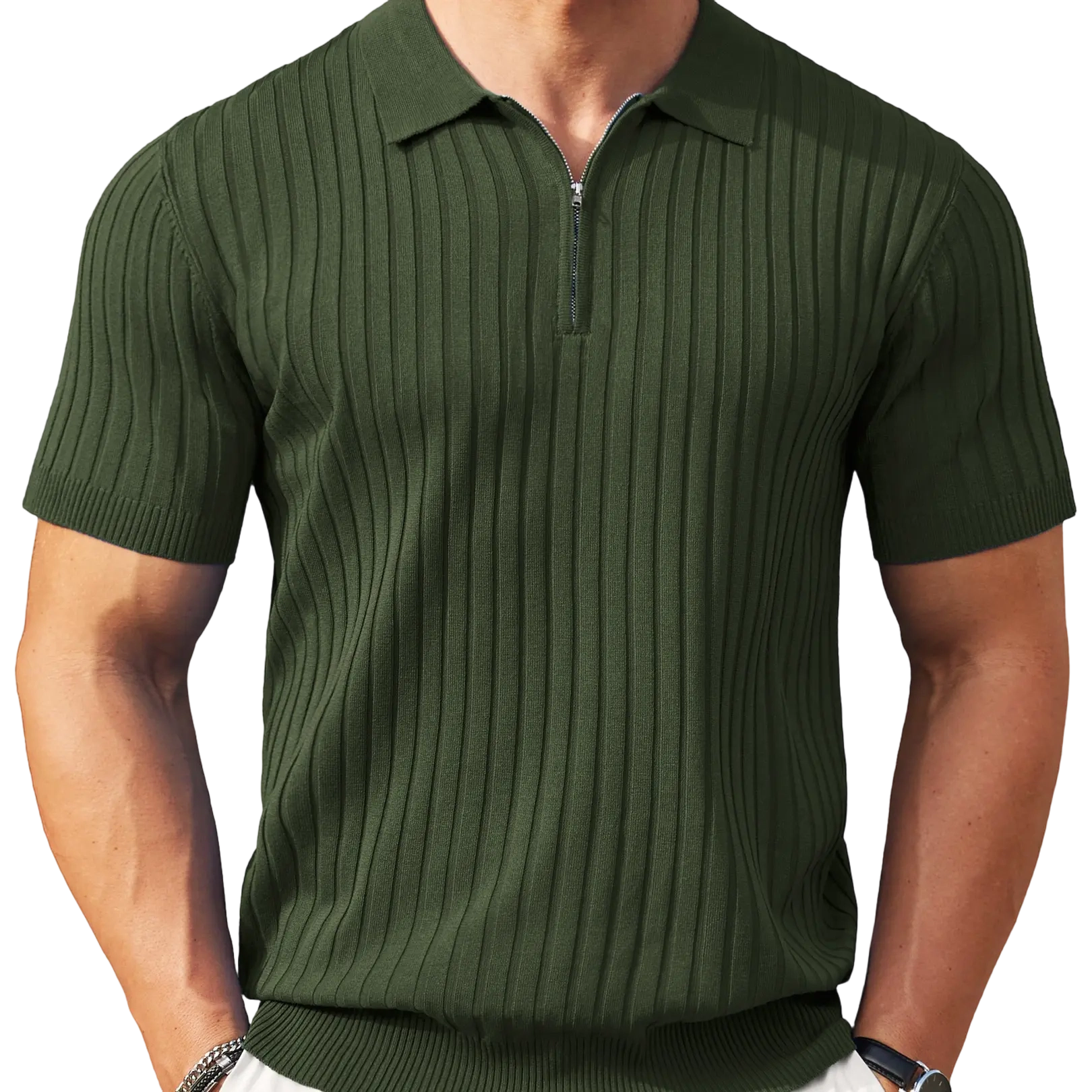 New York Fashion Week Men's Zipper Polo Shirts Short Sleeve Ribbed Knit Polo