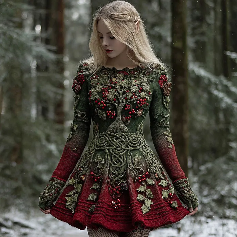 Women's Christmas Holly Leaves Life Of Tree Gradient Celtic Knitted Midi Dress