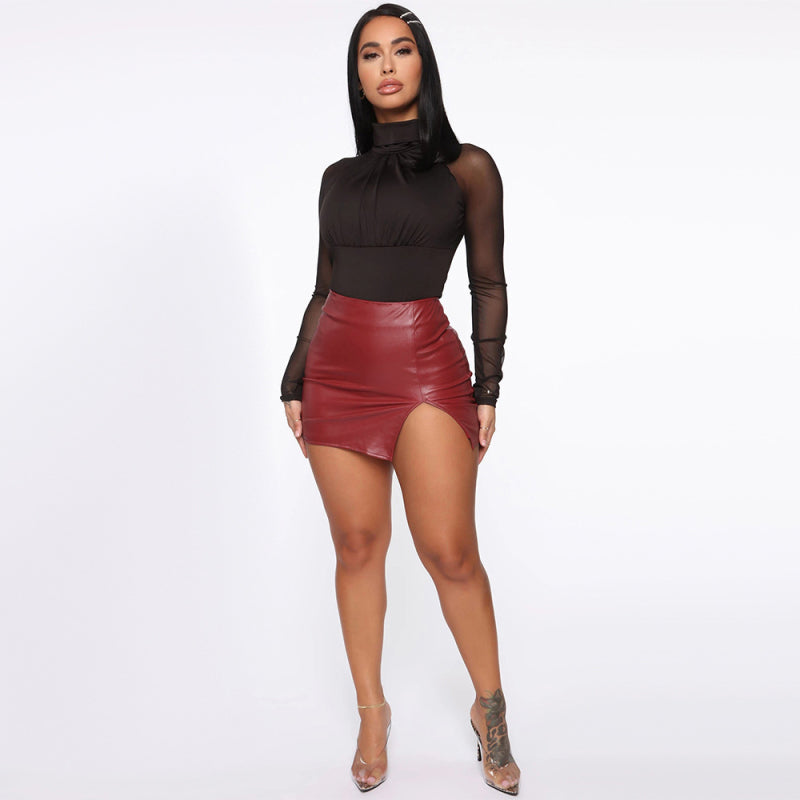 Beauty high waist bag hip skirt PU leather zipper sexy black leather skirt