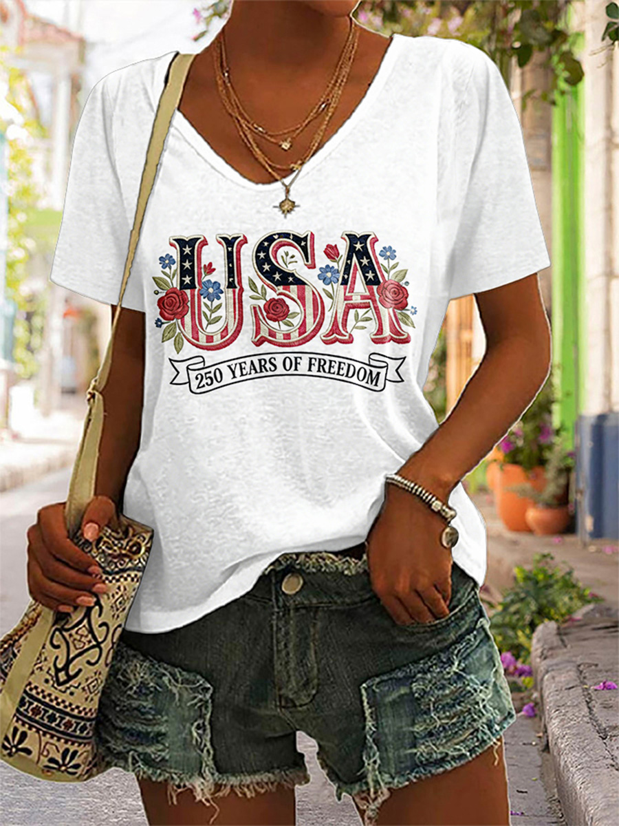 Women's USA Flower V-neck T-shirt