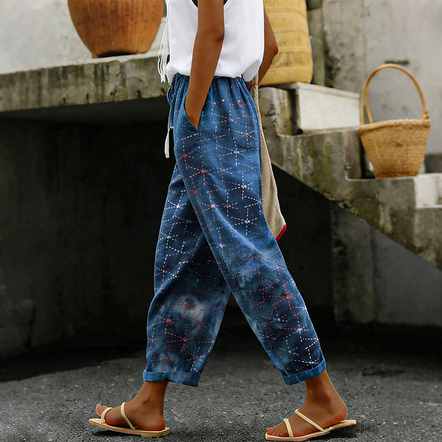 Women's Sashiko Stitch Geometric Cotton Linen Cropped Pants