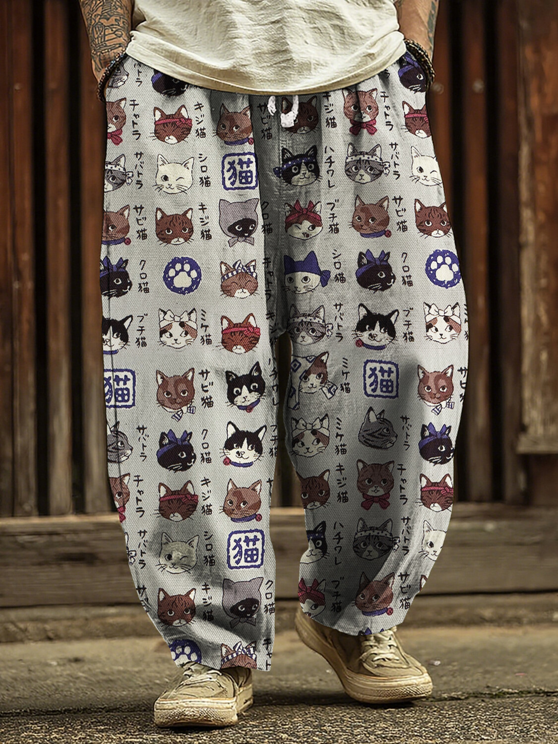 Men's Japanese Style Cat Cartoon Graphic Pattern Casual Pants