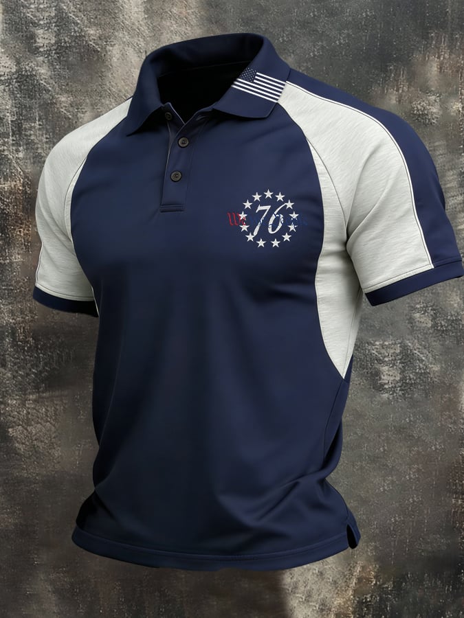 Men's Retro Patriot Color Block Polo Collar Short Sleeve
