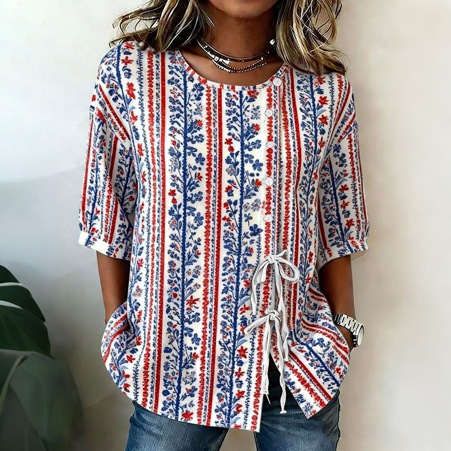 Women'S Cotton And Hemp Patriotic Independence Day Commemorative Printed Casual Shirt