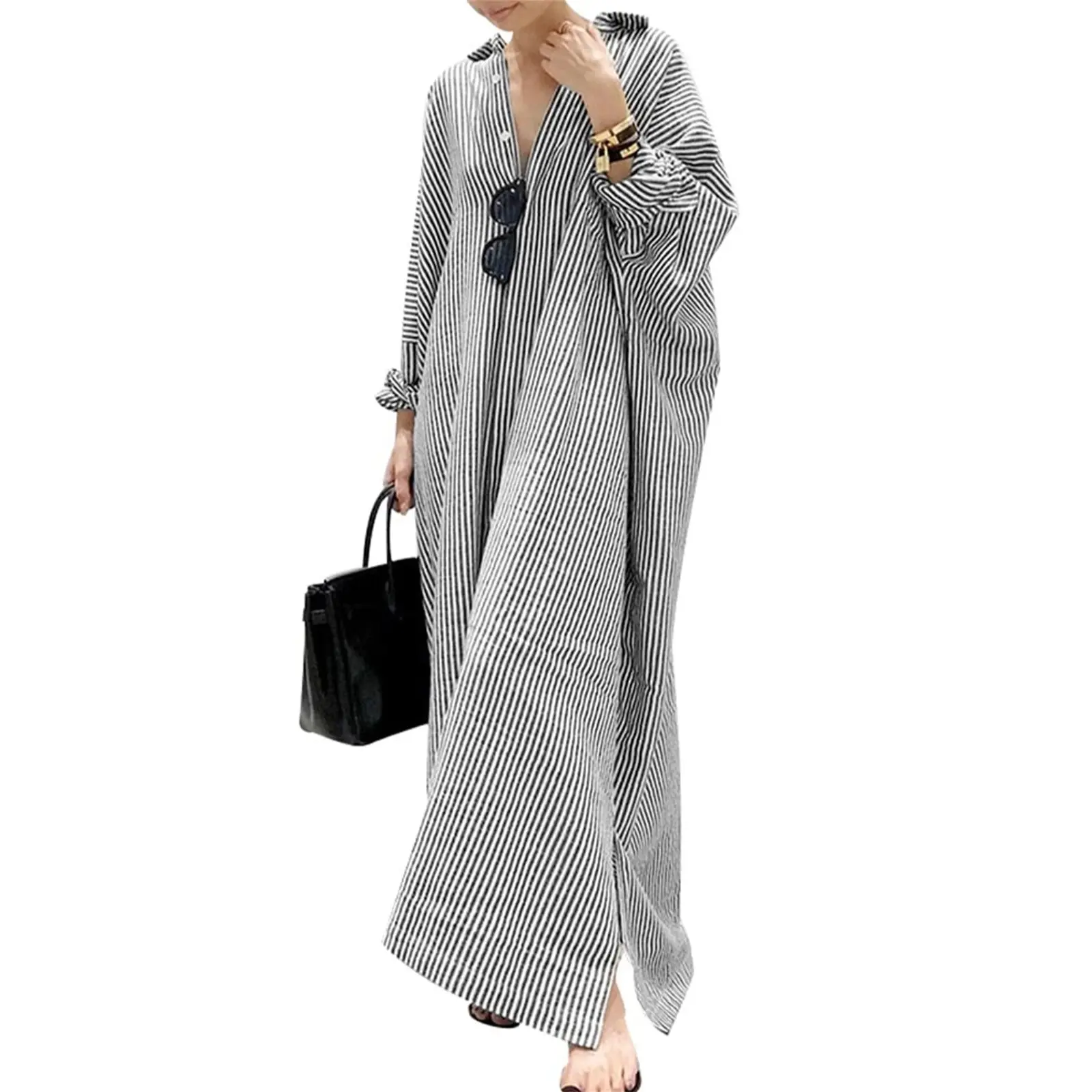 Women's Casual Long Sleeve Button Down Loose Striped Cotton Maxi Shirt Dress – Batwing Sleeves Breathable Lightweight Beach Caftan