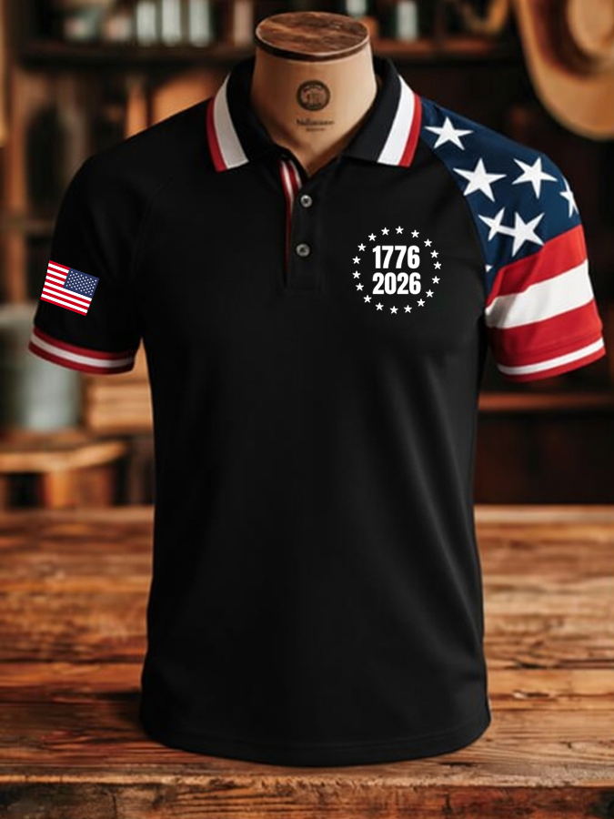 Men'S Flag Printed Casual Polo Shirt