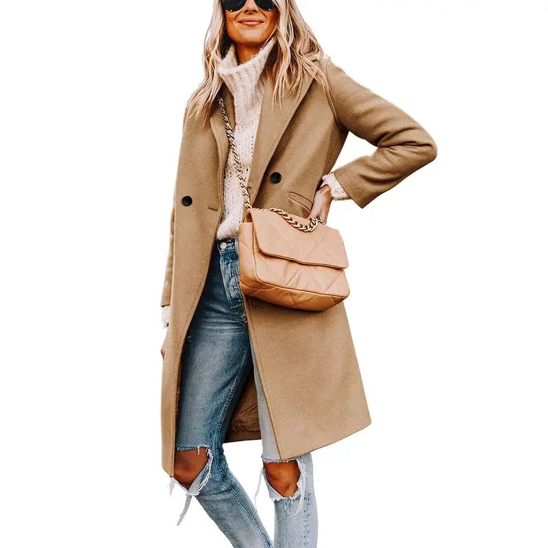 Women's Winter Notch Lapel Double Breasted Wool Blend Mid Long Pea Trench Coat
