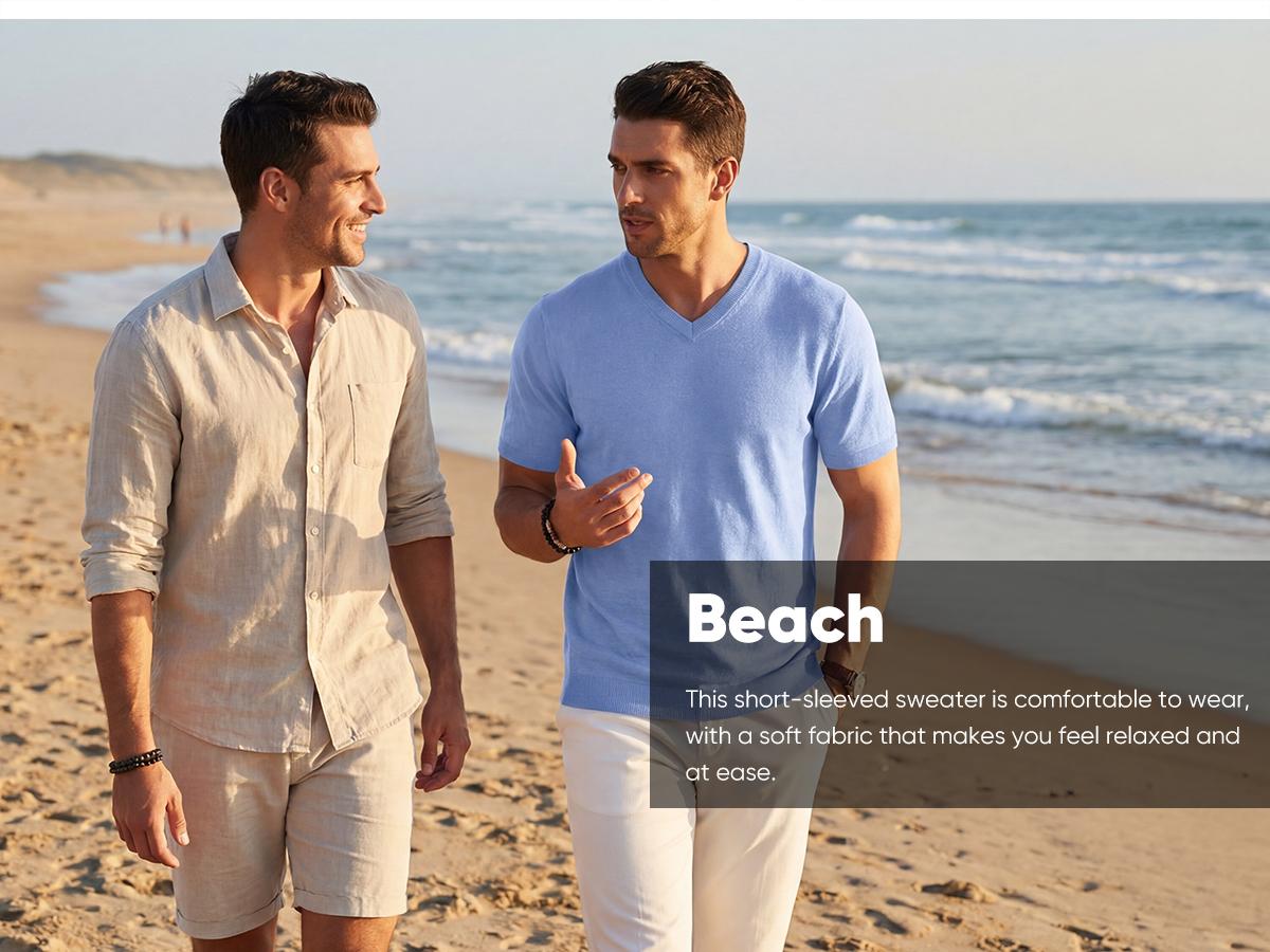 Men's Wool Blend Short Sleeve V-Neck Sweater Soft Textured Knit Pullover for Business Casual Wear