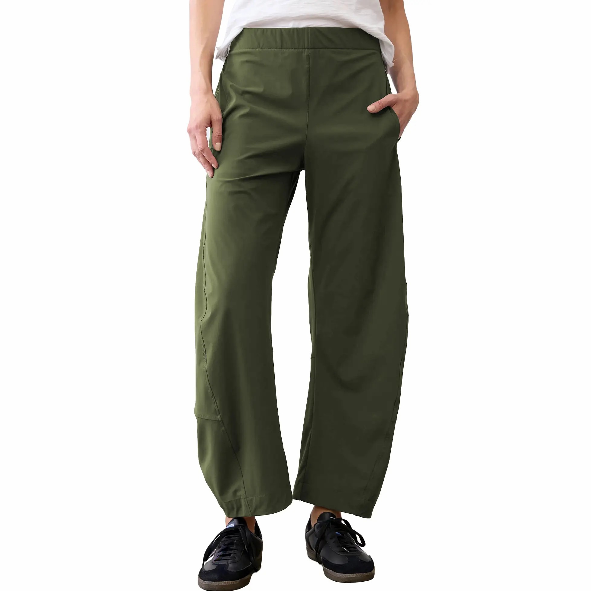 Women's Barrel Travel Pants – Elastic Waistband, Tapered Leg, Baggy Mid Rise Trousers with Pockets