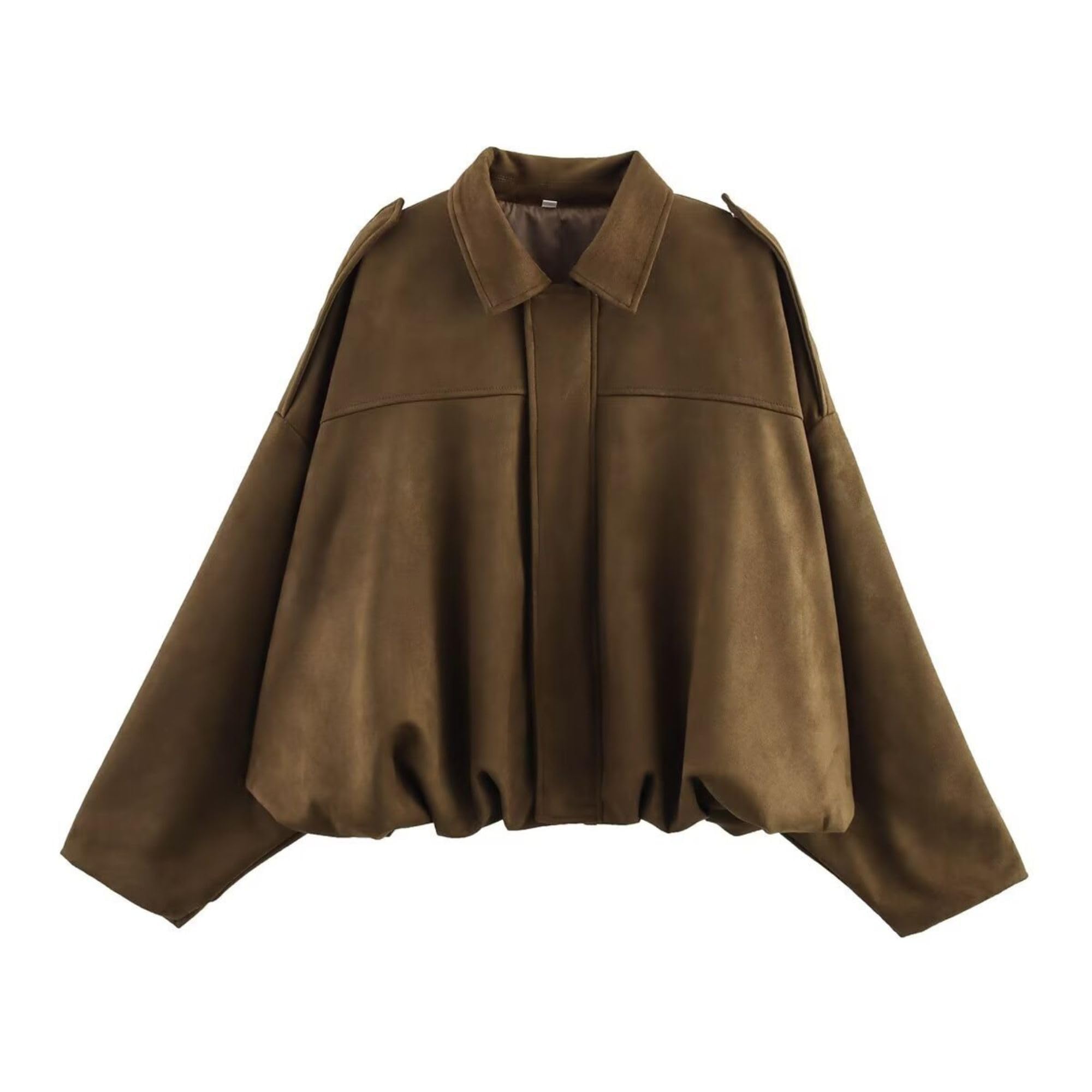 Xunger Women's Faux Suede Bomber Jacket Spring Lapel Pilot Coat Casual Oversized Long Sleeves Trendy Streetwear Outerwear