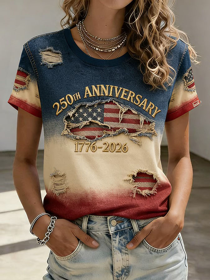 Women'S Independence Day 250Th Anniversary Printed Round Neck Short Sleeve T-Shirt