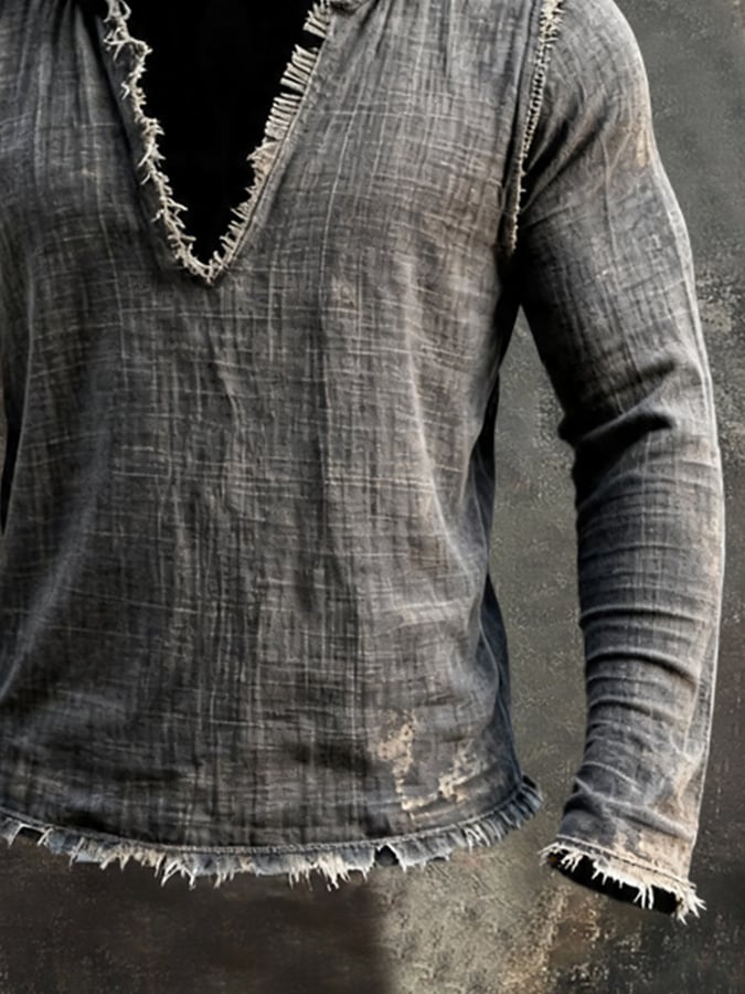 Men'S Vintage Cotton-Linen Long-Sleeve Hoodie With Frayed Edges