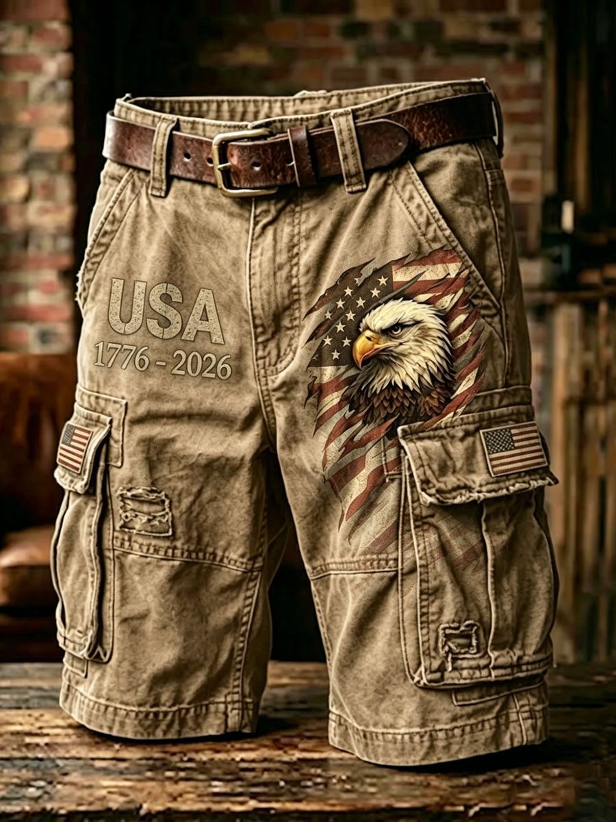Men'S Independence Day American Flag Jet Planes Faith Print Casual Cargo Shorts