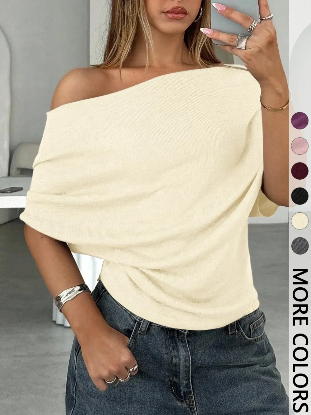 Women's Summer/Autumn Solid-Color Asymmetrical Off-Shoulder Batwing-Sleeve Knit T-Shirt