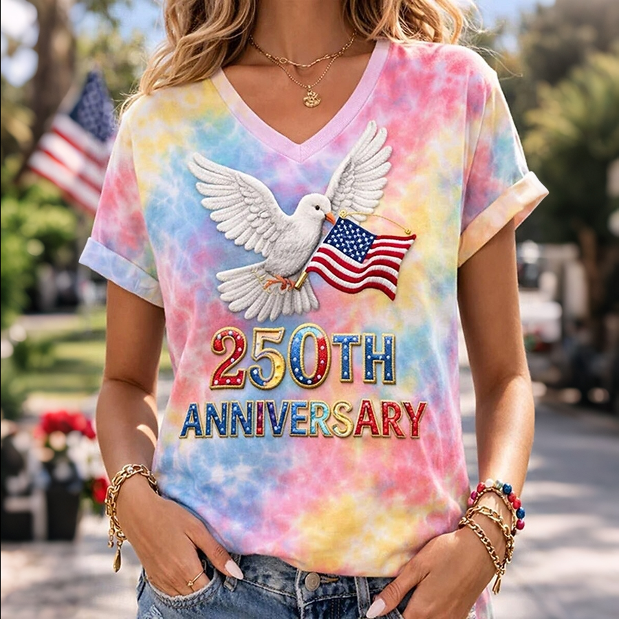 Women'S Casual American Flag Floral Tie Print V-Neck T-Shirt