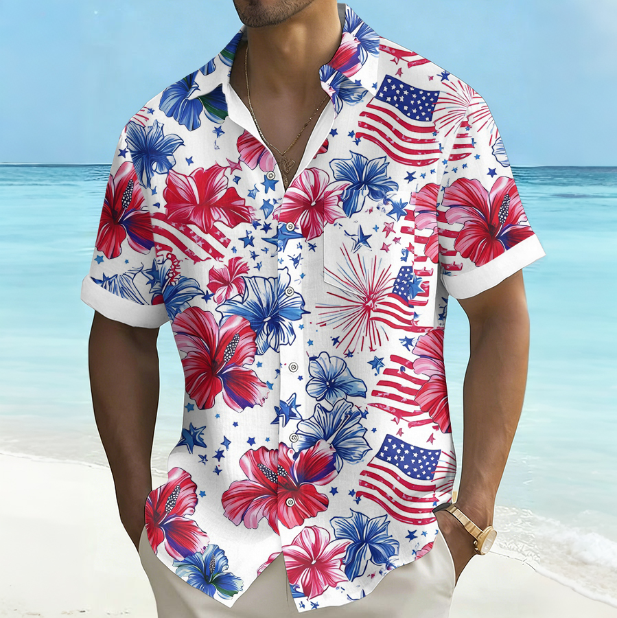 Men'S Hawaiian Vacation Printed Casual Short Sleeved Shirt (Including Pockets)