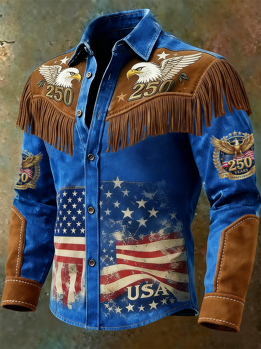 Men's Patriot 250th Anniversary Commemorative White Eagle Art Printed Tassel Western Shirt