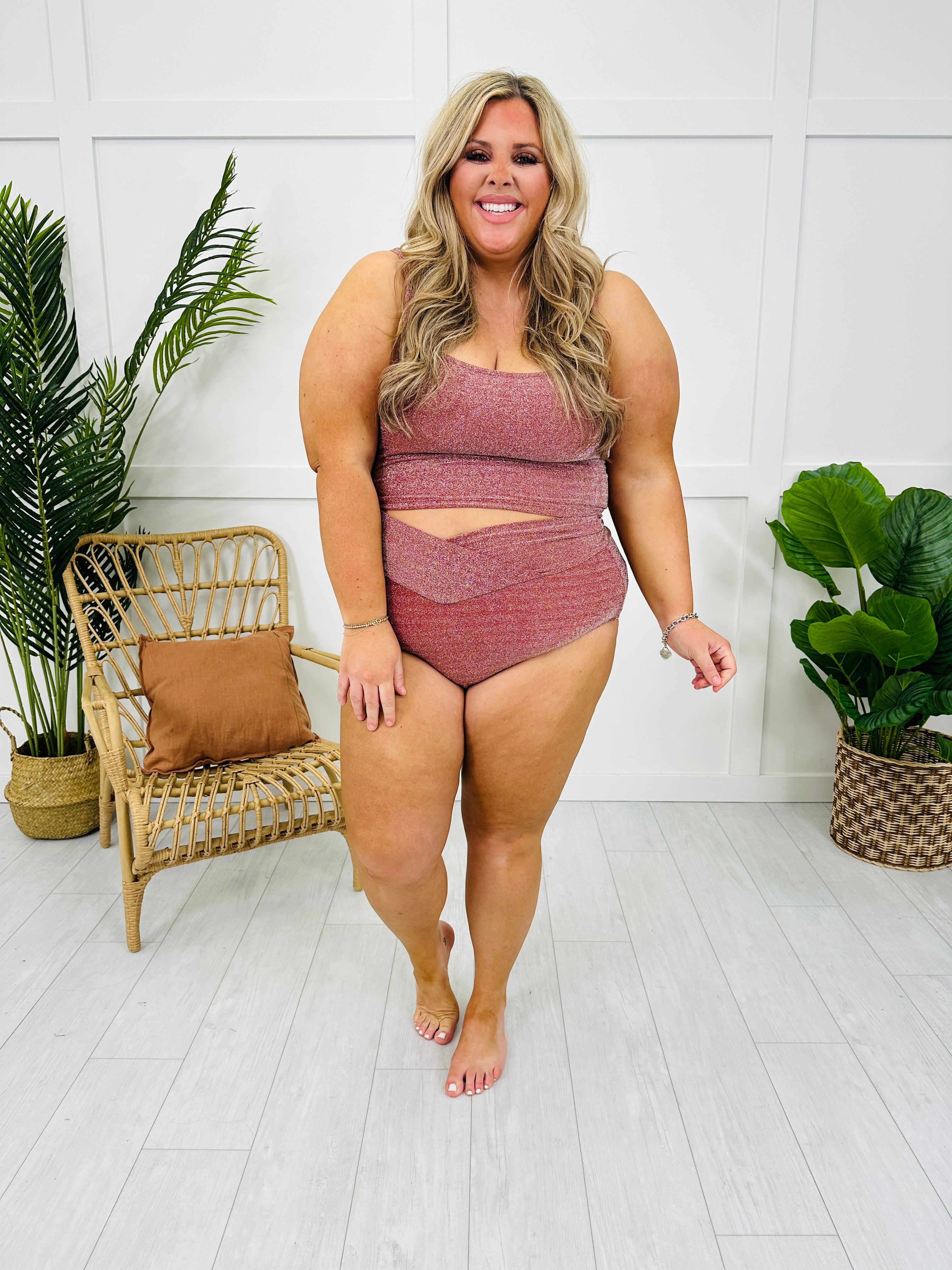 High Waisted V-Cut Swim Bottoms in Cranberry Shimmer