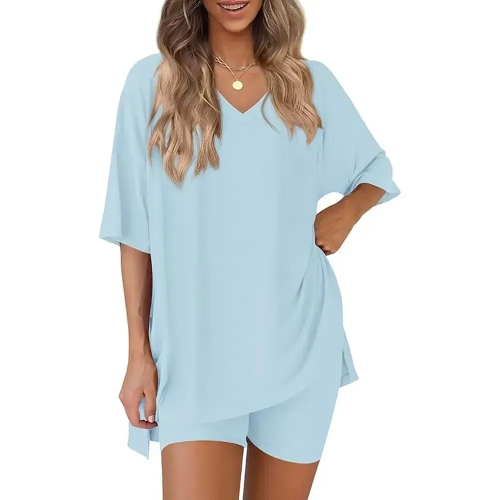 Crewneck Two-Piece Set For Women Summer Casual Oversized Split Hem Shirts
