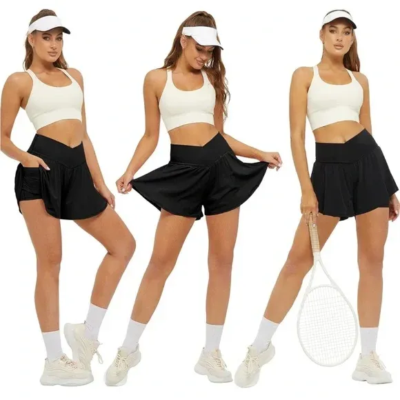 🔥8 PACKS $24 - Crossover Athletic Shorts for Women 2 in 1 Flowy Running Shorts with Pockets