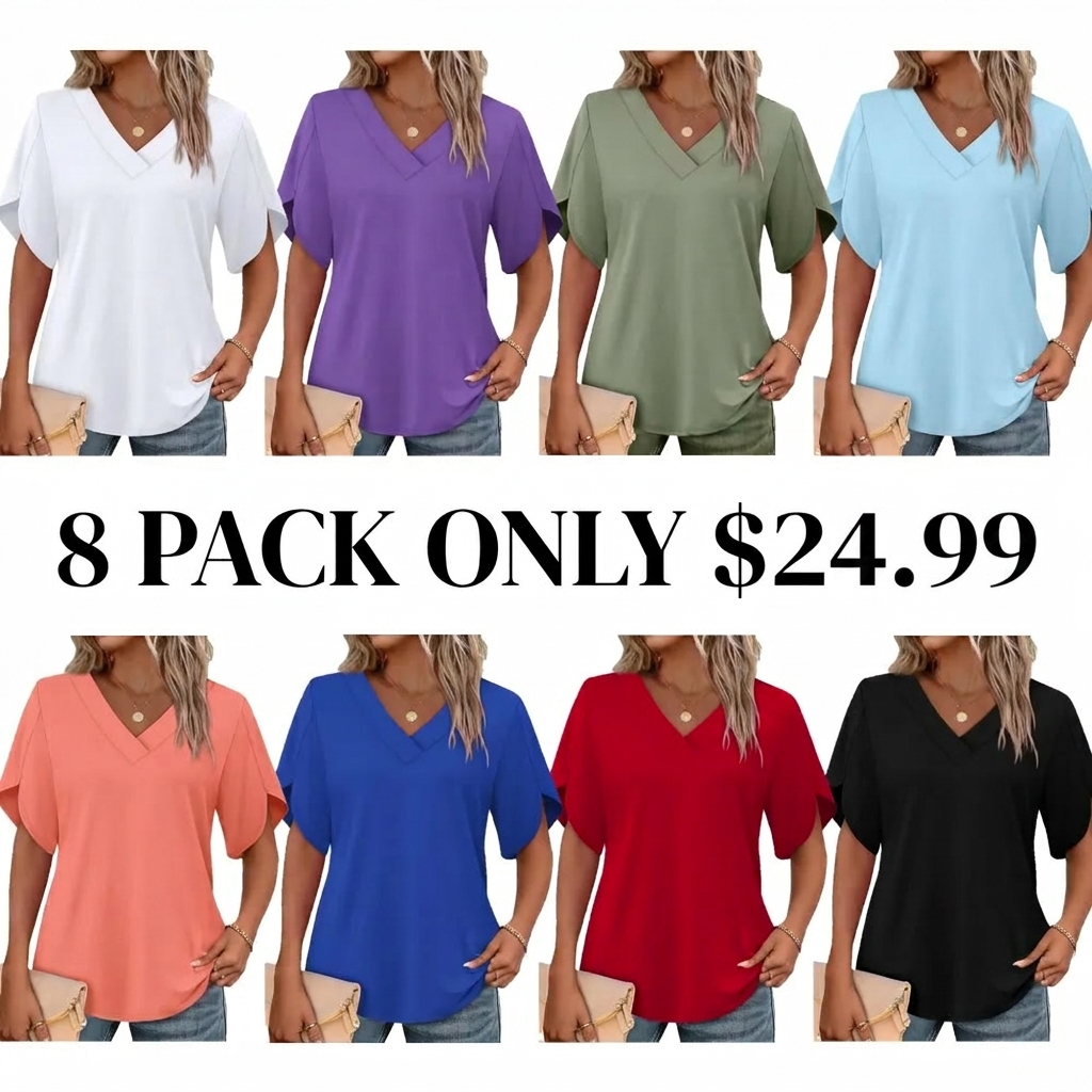 Womens Short Sleeve V Neck Dolman Tops with Side Shirring Loose Fit Shirts