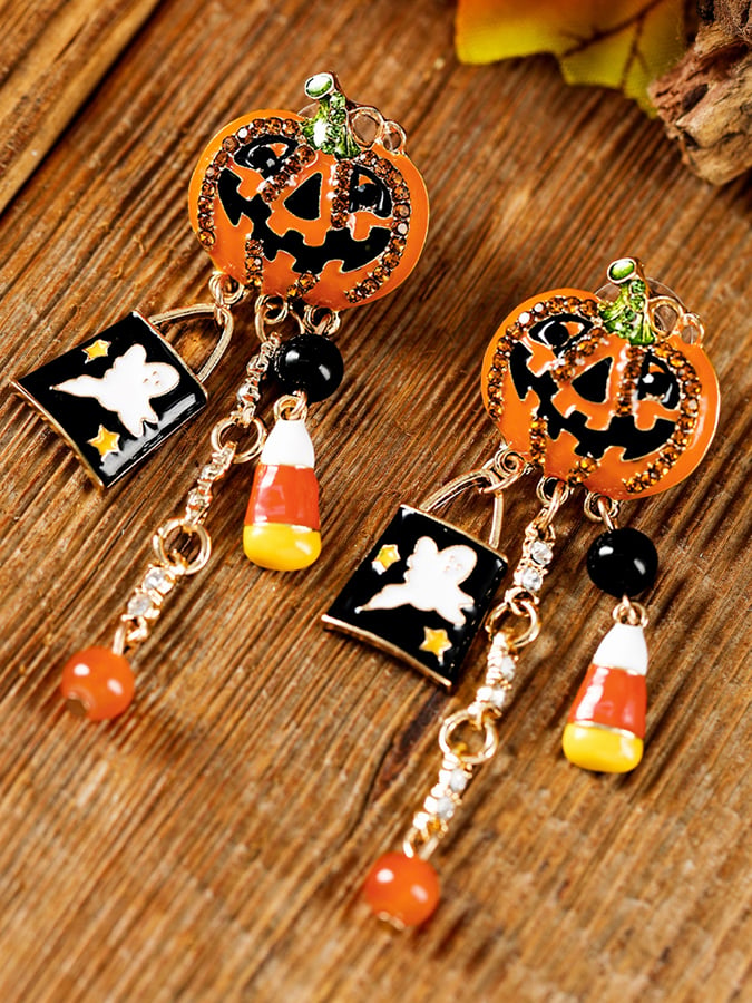 Orange Halloween Rhinestone Pumpkin Ghost Earrings