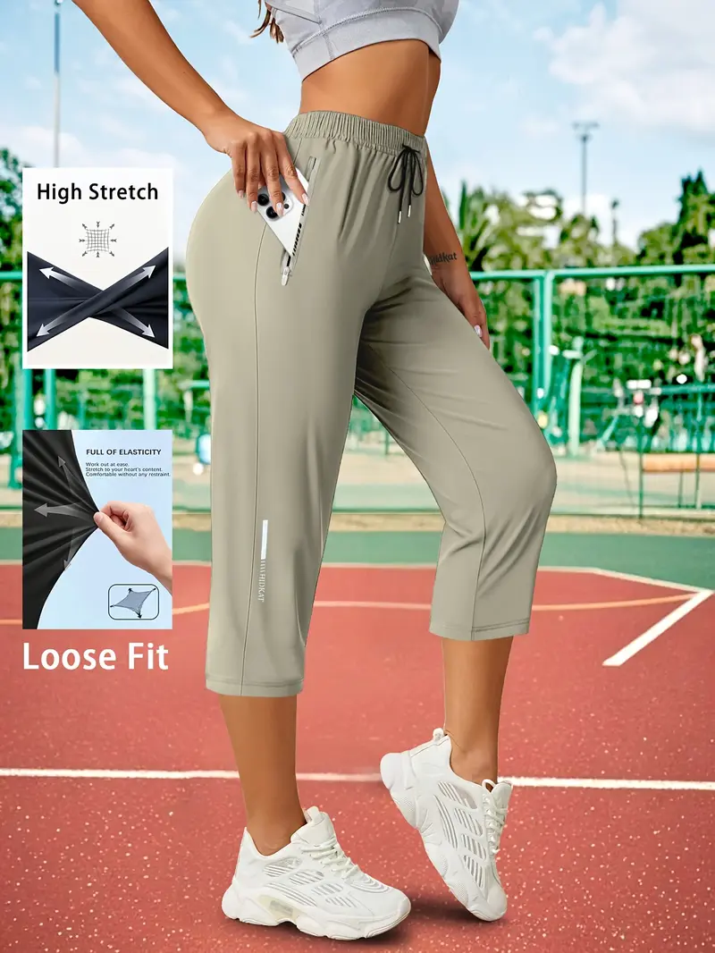 Women's Capris Pants - Loose Fit, Summer Drawstring Waist, Zippered Pockets