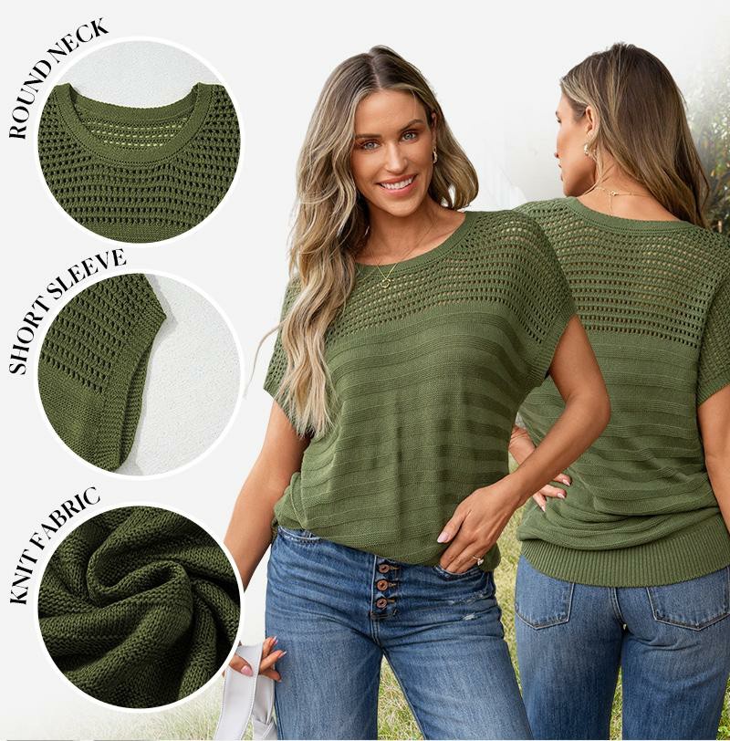 Women's Eyelet Hollow Out Knit Top – Fitted Short Sleeve Crewneck Summer Blouse