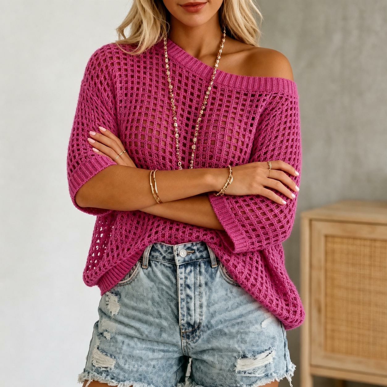 🪴Women’s Crochet Knit Hollow Out Slouchy Crop Top