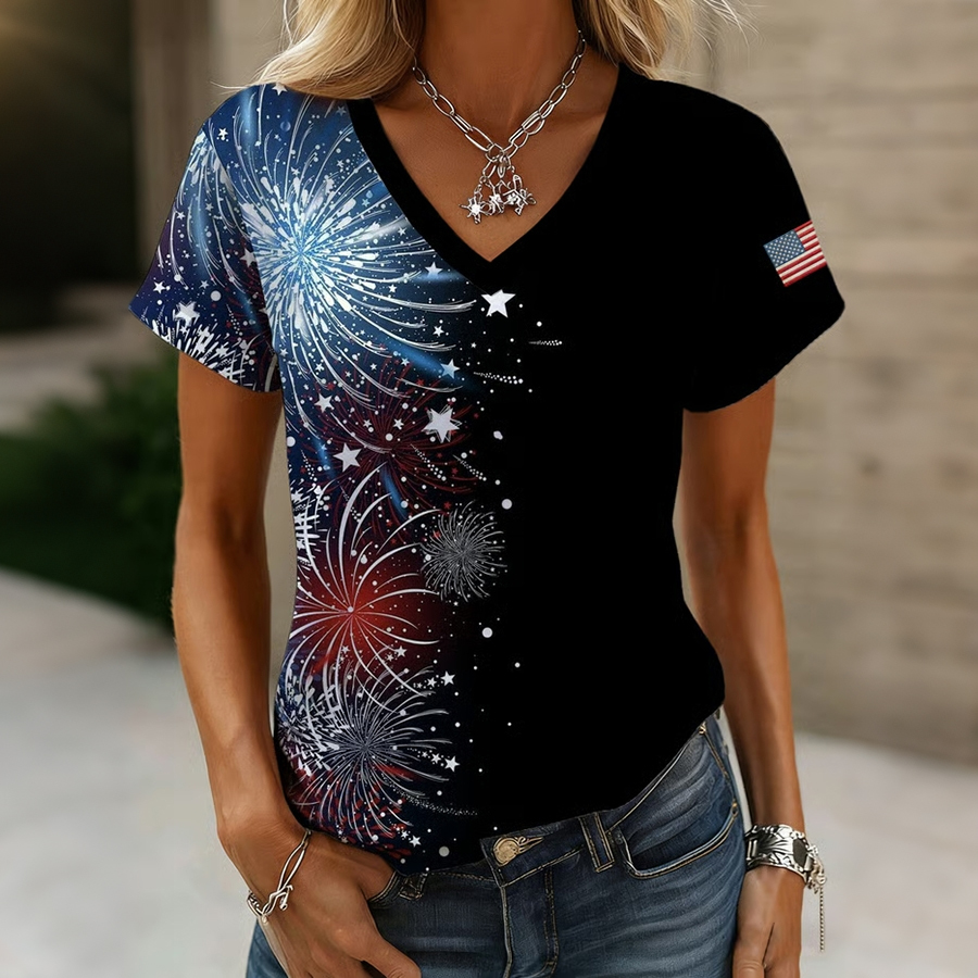 Ladies' Casual US National Day Gradient Brick Print V-Neck Short Sleeved T-Shirt