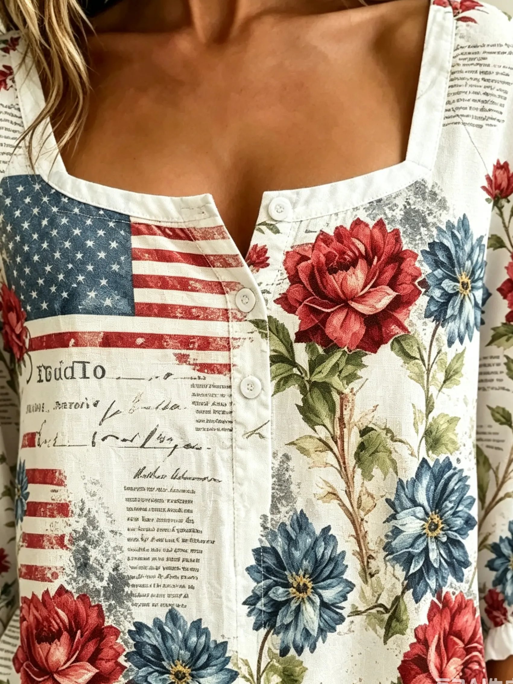 Women's Retro Flag Floral Newspaper Print Square Neck Button-Up Shirt