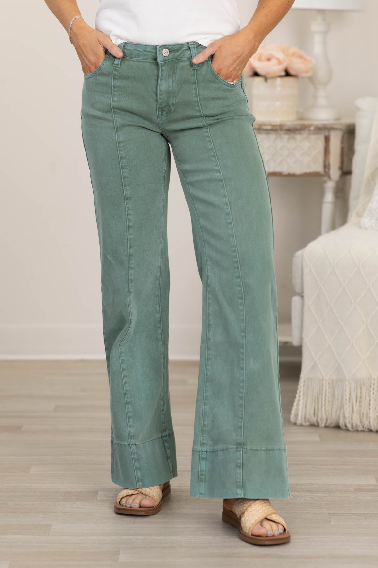 Mid Rise Wide Leg Color Denim Pants