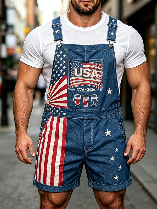 Men's Stars And Stripes USA Flag Print Shorts Overalls