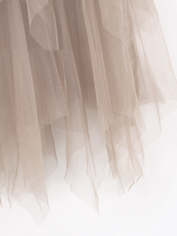 Fairy Mesh Splicing Solid Color High Waist Midi Skirt