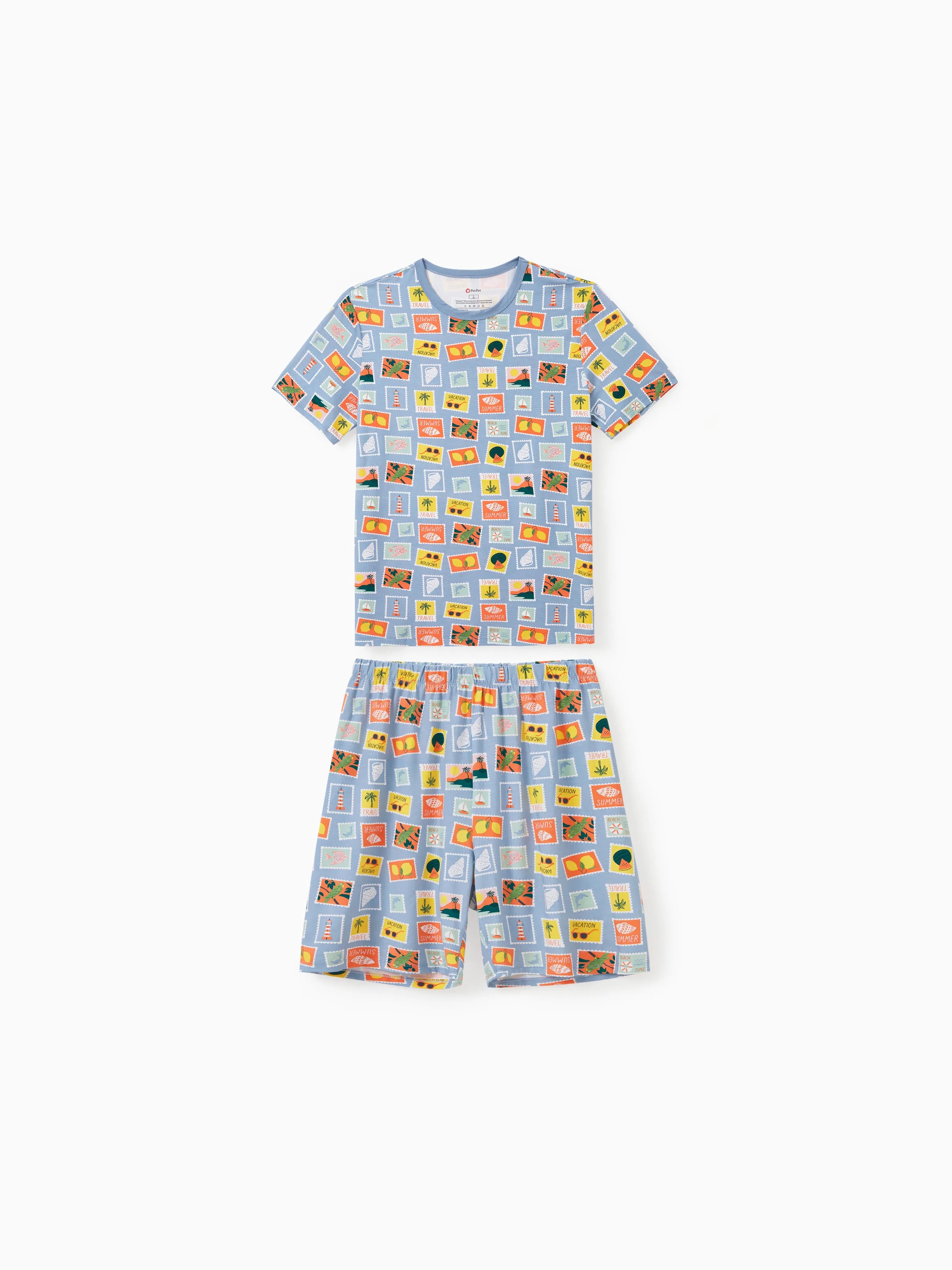 Bamboo Family Pajamas Vacation Theme Print Short-sleeve Matching Pajama set (Snug-Fitting for Children) Color block