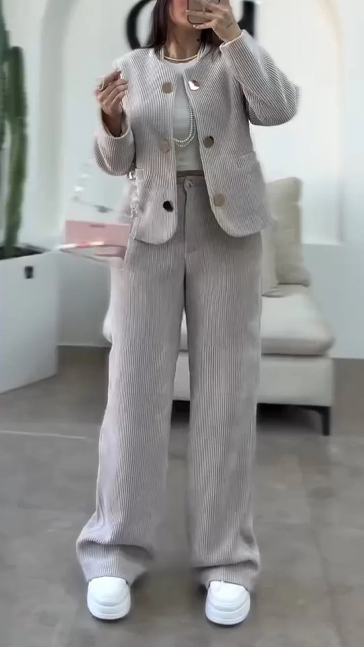 Women Round-neck Button-down Jacket + Pants Casual Suit