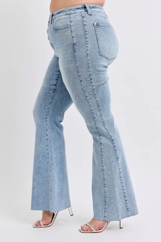 Blue Full Size Midi Rise Rhinestone Side Panel Detail Flare Jeans Plus Size