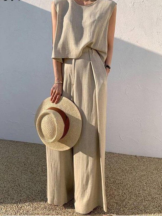 Crew Neck Plain Street Regular Fit Two-Piece Set