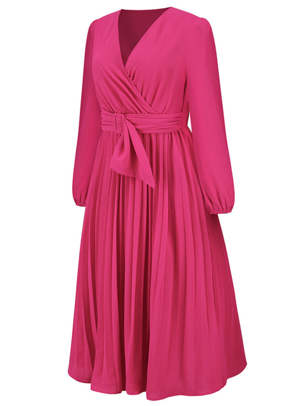 Long Sleeve Slim Pleated Belt V-Neck Dress A-Line Skirt