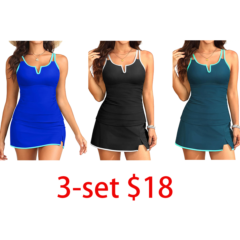Women's Tankini Swimsuits with Skirt – Two Piece Bathing Suits with Pockets Tummy Control V-Wire Vacation Swimwear