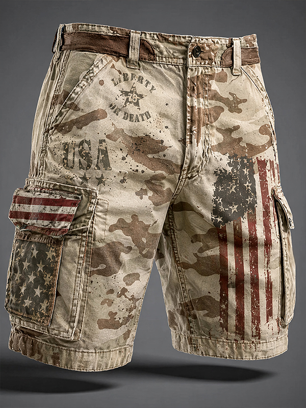 Men's American Flag And Camouflage Freedom Of The USA Art Print Denim-Like Casual Shorts