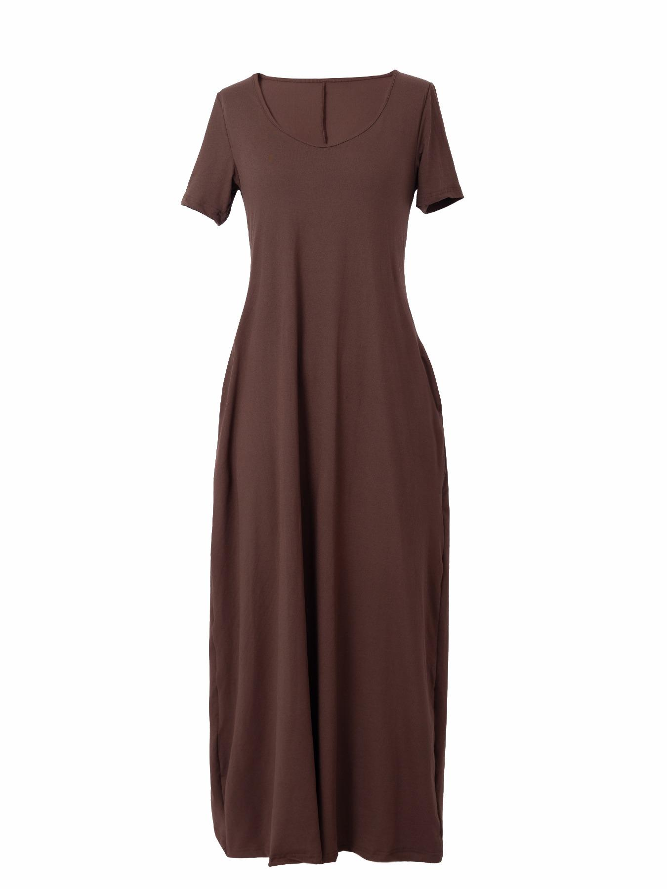 🔥🔥 Last Chance! 6 Pieces for $24.9, Today Only! 🔥Women's Long Coffee Color Dress, Casual Fitted Style, Large Round Neck Short Sleeve Pocket Sleepwear, Soft Fabric All Seasons Wear