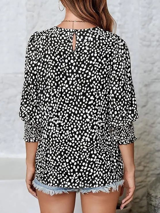 Women's Polka Dot 3/4 Sleeve Blouse Tops Ladies Casual Office Work Crew Neck T-Shirt