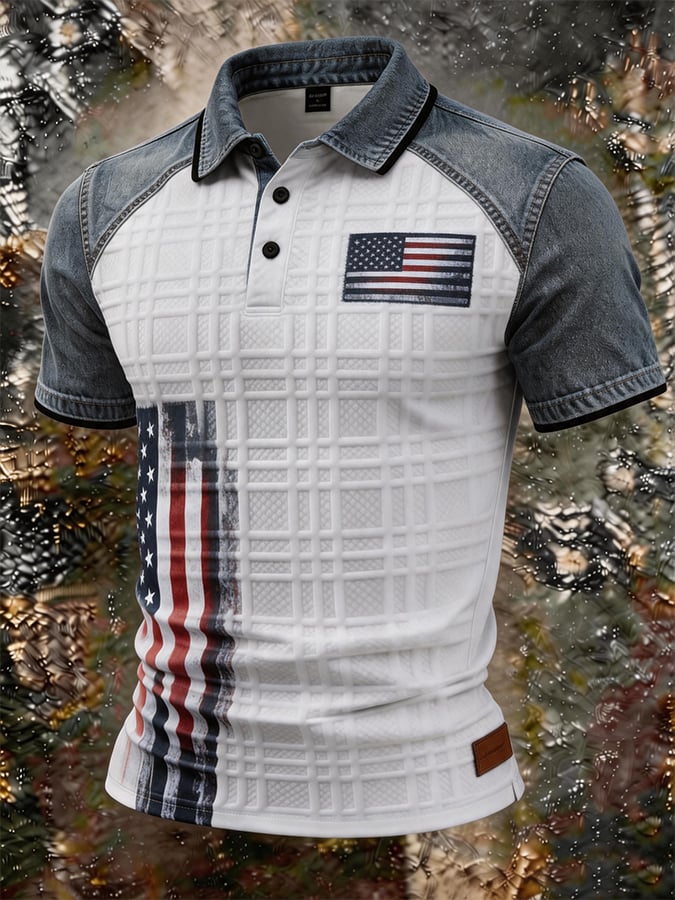 Men's American Flag Print Quilted Denim Spliced Polo Shirt, Slim Fit Western Style Short Sleeve Top