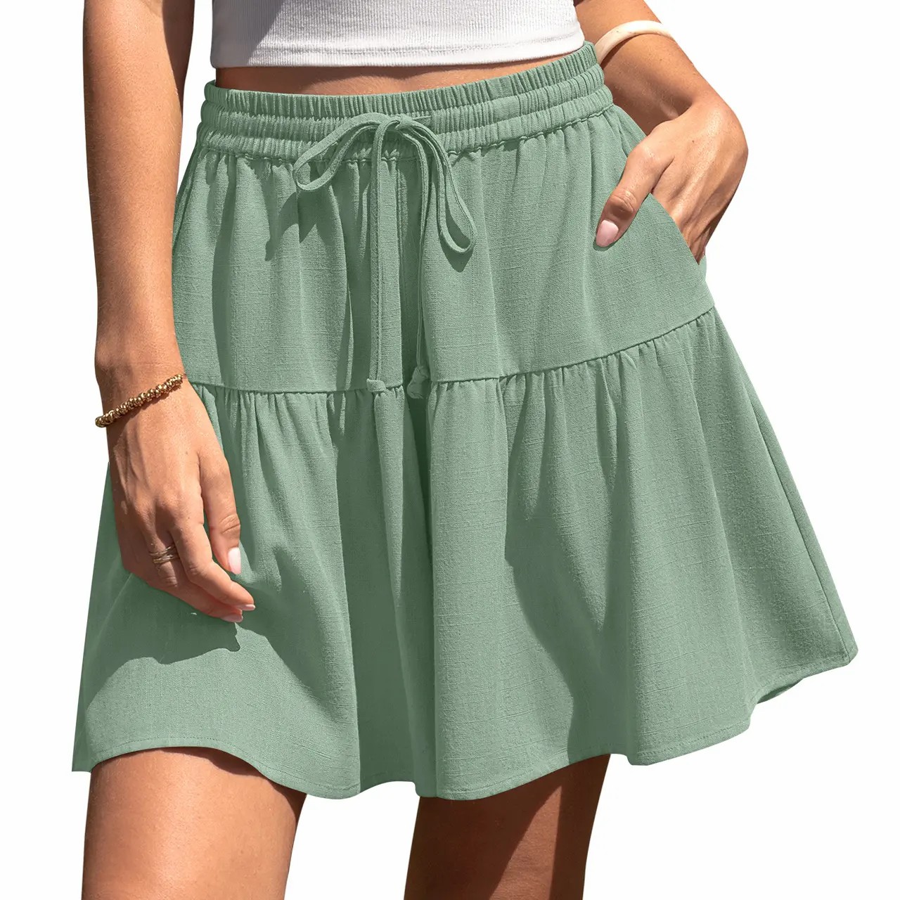 Women’s Linen-Blend Wide Leg Drawstring Summer Shorts