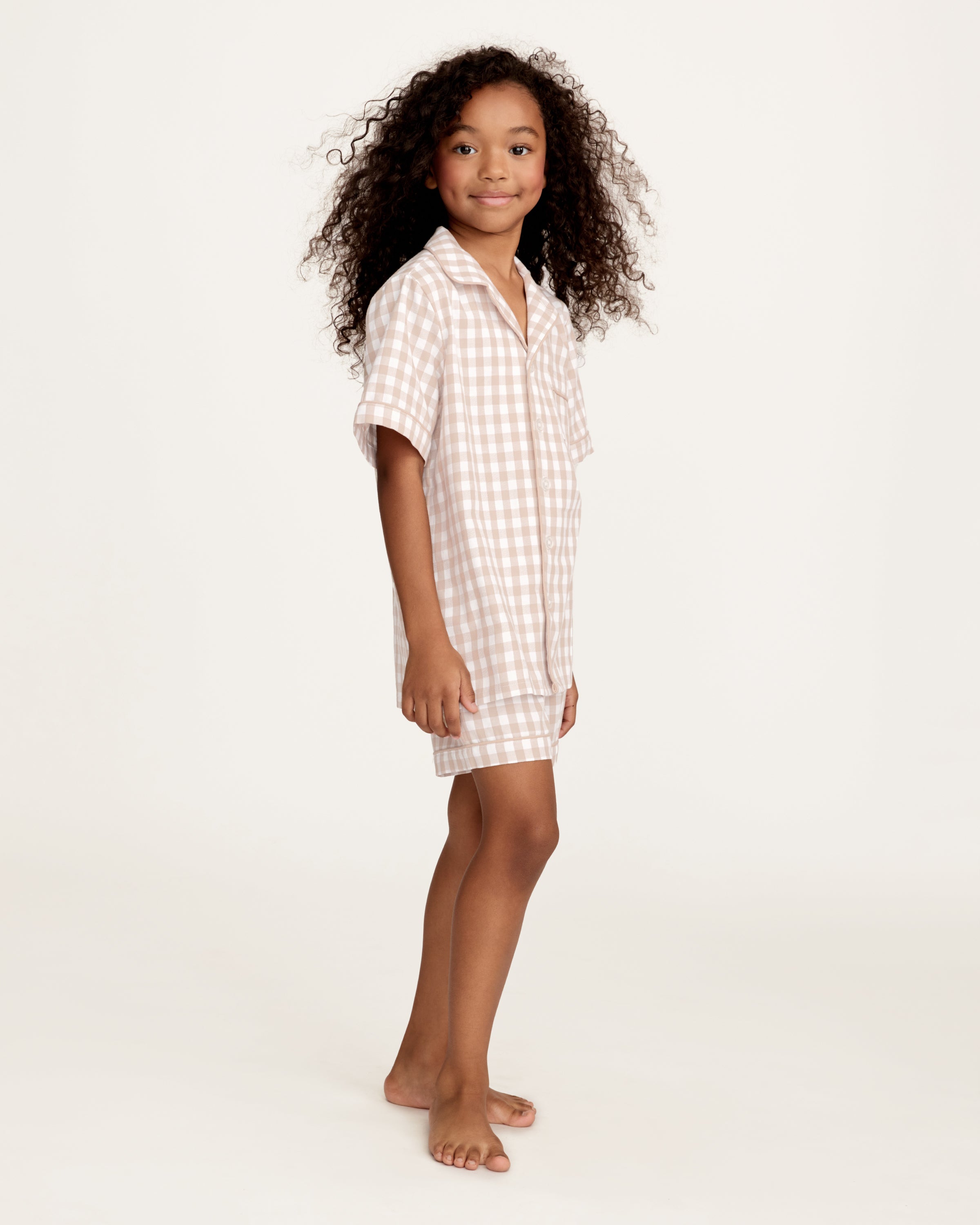 Kid's Twill Pajama Short Set in Camel Gingham