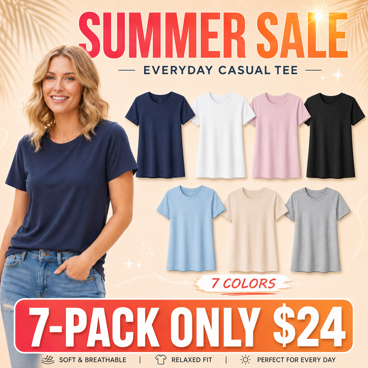 Women's Solid Round Neck T-Shirt Multipack Casual Relaxed Fit Short Sleeve Basic Summer Tops