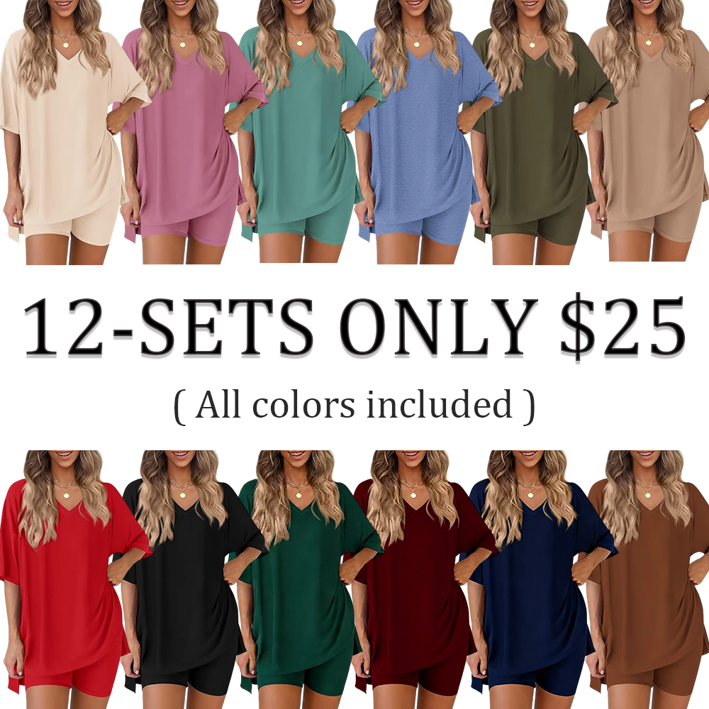 Women’s Oversized Lounge Set-Breathable Crewneck Top & Pocket Shorts